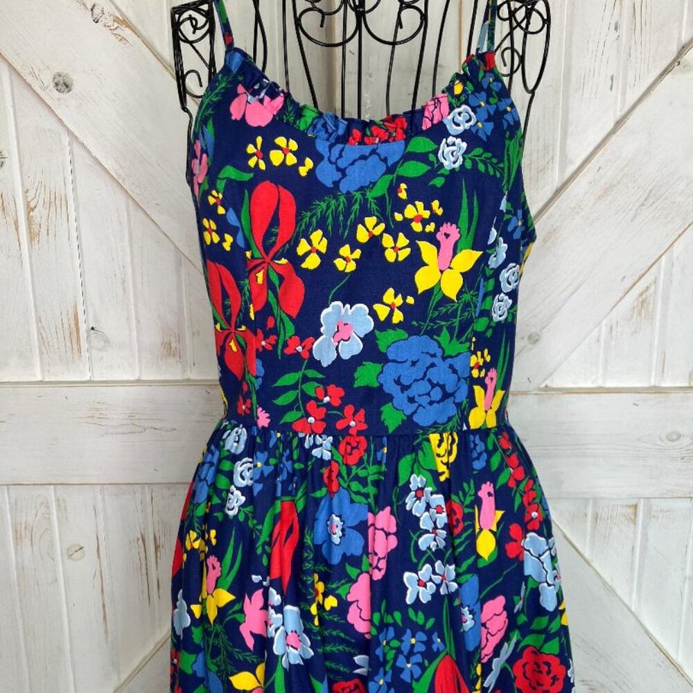 70's Vintage EJE Cotton Rainbow Blue Floral Hawaiian Sundress Day Midi Dress - Picture 5 of 10